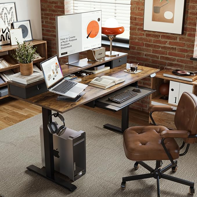 Agilestic 48 Inch Standing Desk with Drawers & Keyboard Tray, Rustic Brown | Electric Height Adjustable, 2 Storage Drawer, Monitor Stand, Sturdy Steel Frame, Memory Presets, Hooks, 154 lbs, Splice Board - Image 2