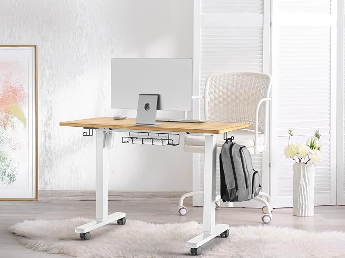 SHW Mobile Electric Height Adjustable Standing Desk w/Drawer, Walnut | 40" Wide Top | w/ Memory Presets and Cable Management | Drawer with adjustable compartments | Hanging Hooks - Image 2