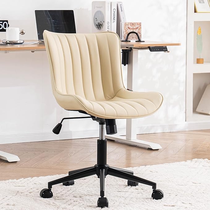 YOUNIKE Office Desk Chair with Wheels Armless Vanity Chair Modern Beige | Faux Leather Upholstered with Rocking Back, Swivel Height Adjustable Small Cute Computer Rolling Task Chair Ergonomic 300lb by YOUNIKE