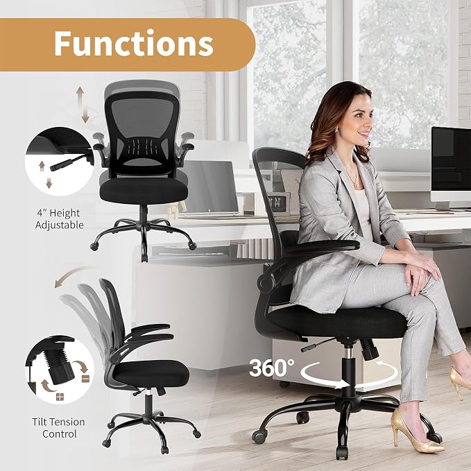 Youhauchair Adjustable Mesh Ergonomic Office Chair with Wheels, Black | Flip-up Arms, Lumbar Support, Home Desk Chair, Height Adjustable, Breathable, Mid Back Swivel Compurter Chair, Set of 1 - Image 6