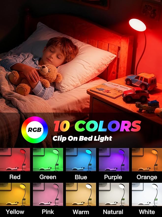 Clip on Light,10 RGB Colors+10 Brightness Small Desk Lamp with Clamp Light | 500 lm Bright 72 LED Desk Light, USB Adapter Reading Lights for Books in Bed/Headboard/Bedside Table/Bedroom/Dorm/Home Office - Image 3