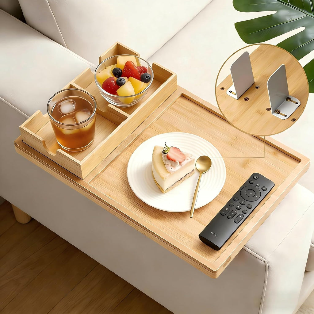 Bamboo Couch Cup Holder Tray with Adjustable Metal Legs by ROCDEER