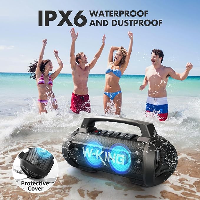 W-KING Portable Bluetooth Speaker with Wireless Microphone, 120W Peak 70W RMS Waterproof Outdoor Bluetooth Speakers, 110dB Loud Bass Up, 42H/BT5.4/DSP/RGB, Stereo Pairing for Camping/Beach Essentials - Image 5