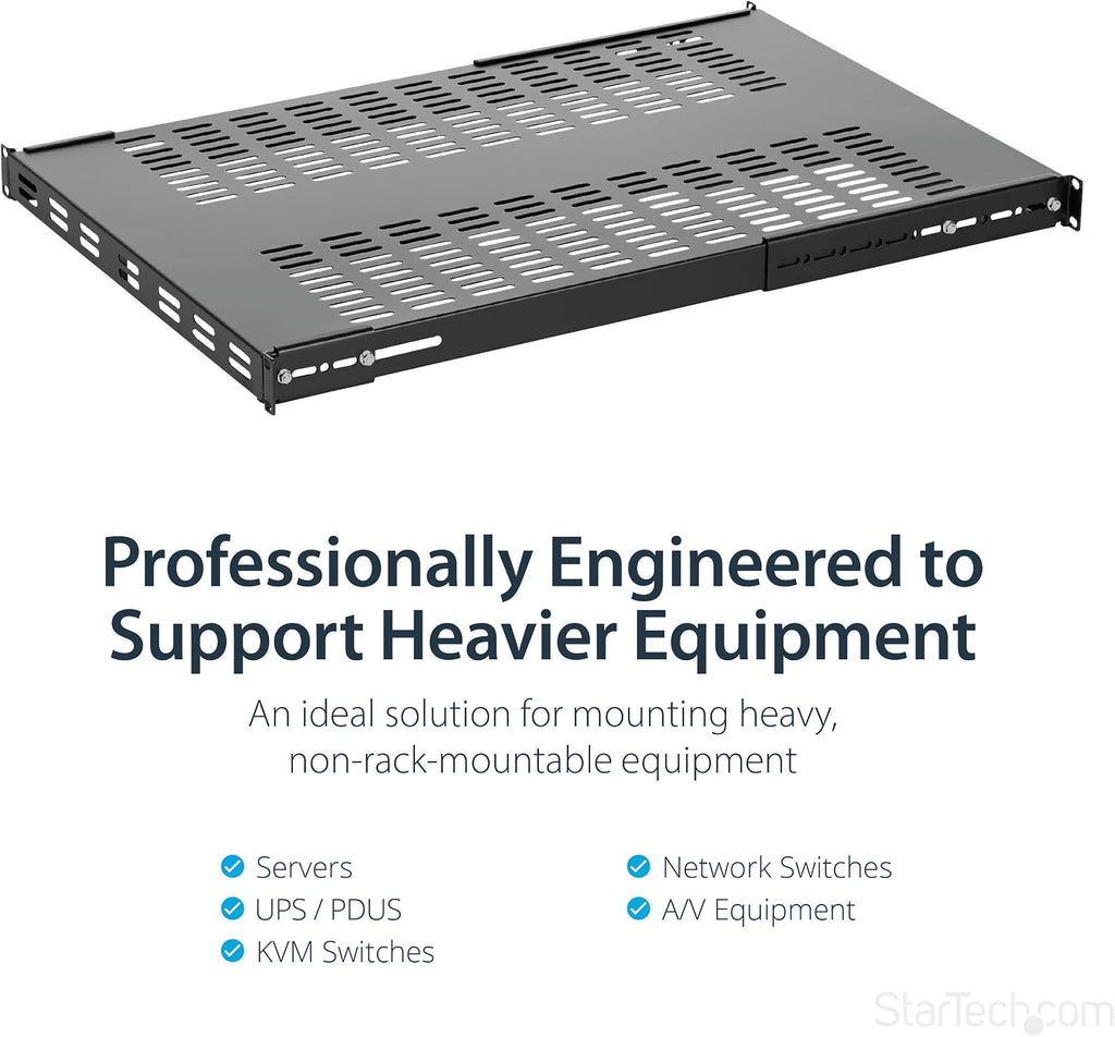 StarTech 1U 4-Post Adjustable Vented Rack Shelf, 330lb, 19in (ADJSHELFHDV) - Image 3