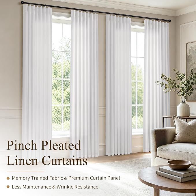 Hokibero White Pinch Pleated Linen Curtains 96 Inch Long for Living Room | Light Filtering Semi Sheer Curtain,Back Tab Hooks Rings,Modern Farmhouse Textured Privacy Drapes for Bedroom Window,2 Panels - Image 2
