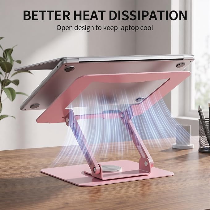 SOUNDANCE 360 Rotating Laptop Stand, Ergonomic Computer Riser for Desk, Adjustable Height Multi-Angle Metal Holder, Foldable Portable Notebook Elevating Base for Office & Home, Pink - Image 5