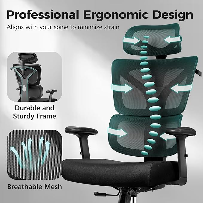 Ergonomic High Back Mesh Office Chair, Lumbar Support (Black) | Smooth 90° to 135° recline for work, read, or rest. Swivel big and tall gaming Chair. Adjustable armrest headrest height. - Image 6