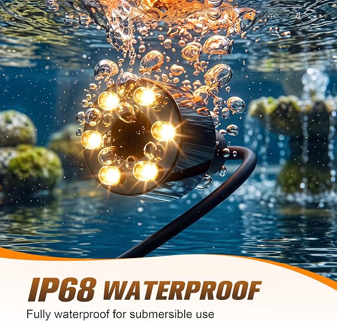 12V Submersible LED Fountain Light Ring, Warm White, 1 Pack | 6 LED Underwater Fountain Lights, 1/2" Water Hose Adapter, 59in Cable for Fountain, Waterfall & Water Features, w/o AC Plug - Image 9