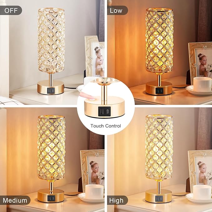 Crystal Table Lamp, 3 Way Dimmable Touch Lamps for Night Stands, Gold | Gold Crystal Touch Lamp for Bedroom with USB-C/A, Bulb included - Image 3