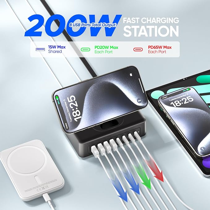 200W USB Charging Station, 11-in-1 USB C Power Strip Surge Protector, 2AC Outlets & 8USB Ports, 5ft Flat Plug Extension Cord with Multiple Devices, Desktop Charger for Home Office Desk Accessories - Image 4