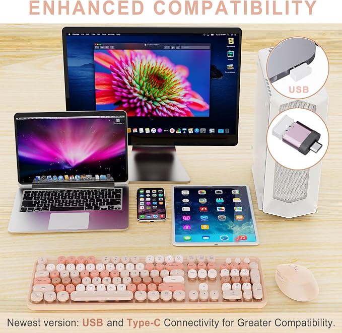 Wireless Keyboard and Mouse, Full-Size Typewriter Keyboard with Retro Round Keycaps, Ergonomic Design, Compatible with Windows PCs, Ideal for Home and Office. (Milk Tea) - Image 7