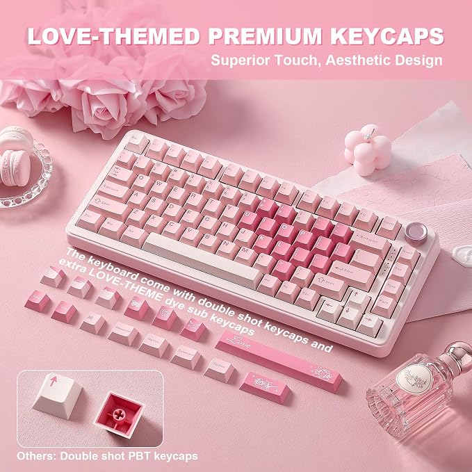 YUNZII B75 PRO 75% Wireless Mechanical Keyboard (Pink, Cocoa Cream V2) | Hot Swap Keyboard with Knob, Gasket Mount, Creamy Pre-lubed Switch for Smooth Typing, BT/USB-C/2.4G, for Gaming - Image 7
