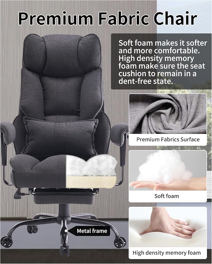 Efomao Fabric Office Chair, Big and Tall Office Chair 400 lb Weight Capacity, High Back Executive Office Chair with Foot Rest, Ergonomic Office Chair for Back Pain Relief, Dark Grey | 400lbs support, 135° recline, dual-layer foam cushion, 23.5" seat & ... - Image 5