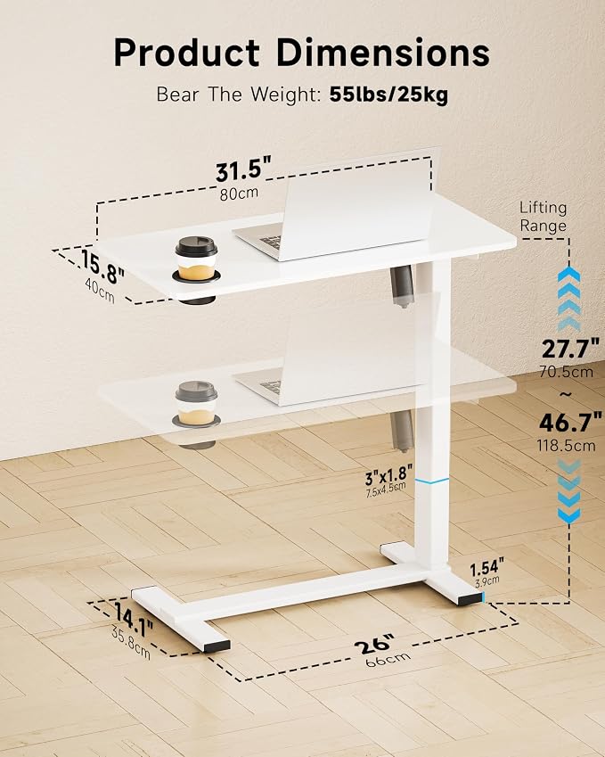 BIZUM Small Electric Standing Desk Bedside Table with Hidden Wheels 31.5 x 15.8 Inch Adjustable Computer Laptop Office Desk, White - Image 3