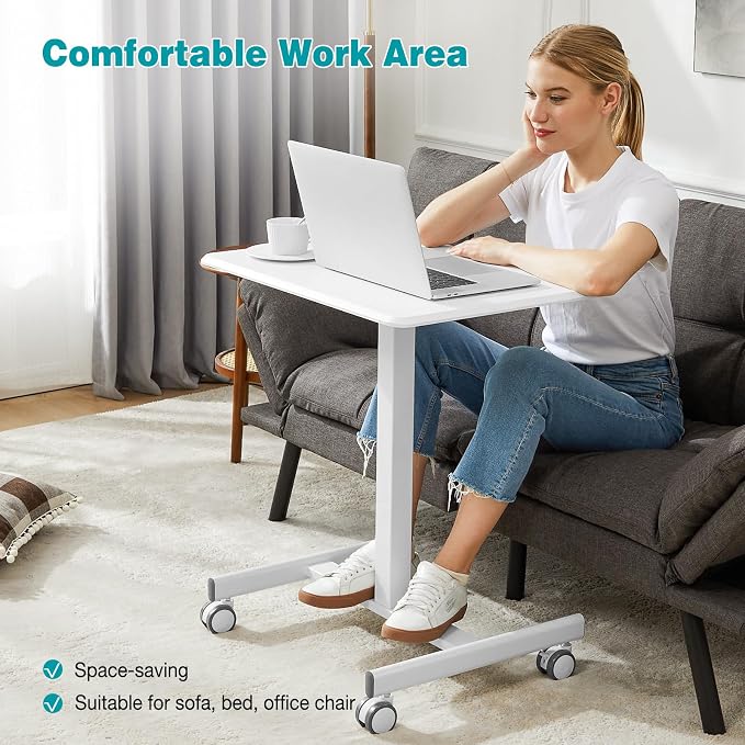 DUMOS Small Standing Desk with Wheels, Laptop Desk, 19 Inch | Portable Rolling Design, Adjustable Height Workstation, Home Office Mobile Station, White - Image 6
