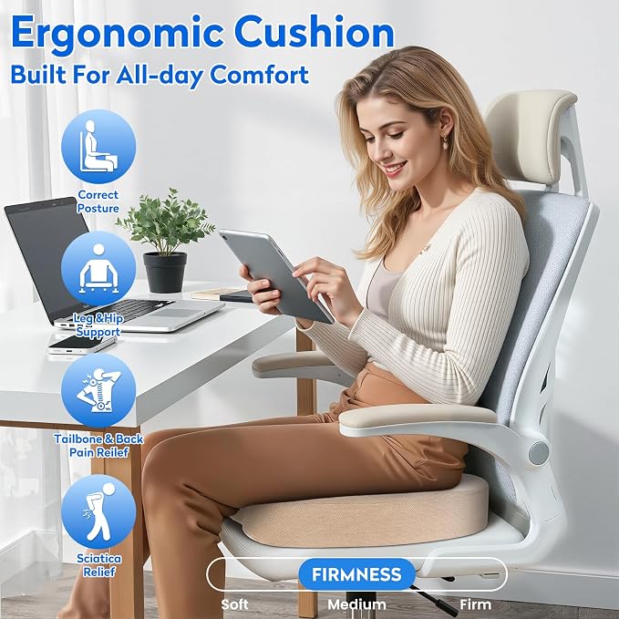 CushZone Memory Foam Seat Cushion for Office Car & Wheelchair, Khaiki | U-shaped Coccyx Cutout, Contoured Design, Breathable Removable Mesh Cover, Non-Slip Base, Carry Handle - Image 6