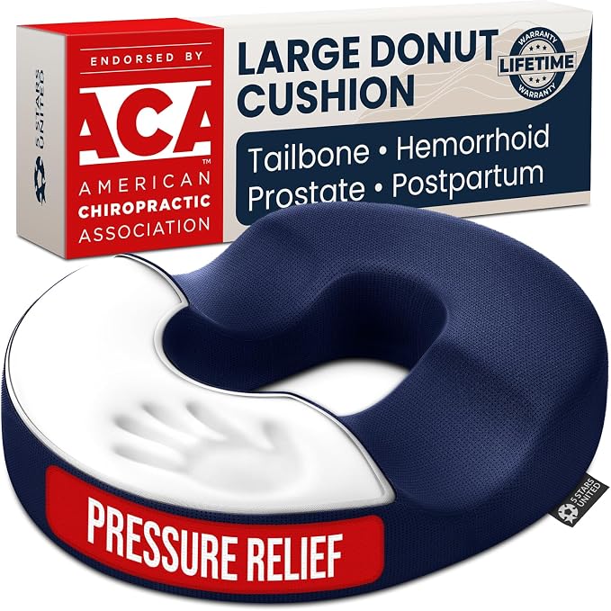 5 STARS UNITED Donut Pillow for Tailbone Pain & Hemorrhoids – Large Memory Foam Seat Cushion for Bed Sore-Prone Areas & Pressure Relief – Prostate, Postpartum & Pregnancy Support, Blue Mesh Cover by 5STARSUNITED