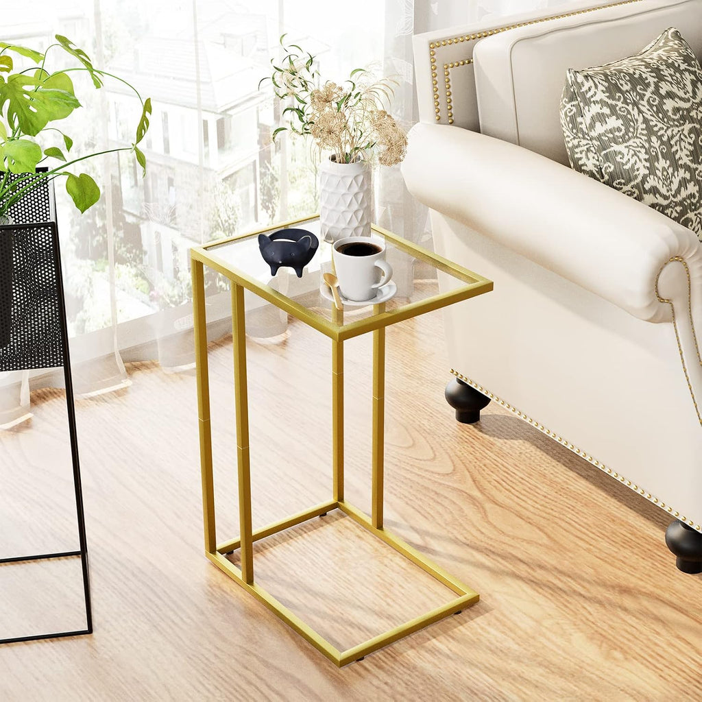 C Shaped End Side Table Set of 2,Couch Sofa Table for Small Space,Tempered Glass Snack Side Table with Metal Frame for Living Room, Bedroom, Bedside, Modern Style, Gold - Image 2