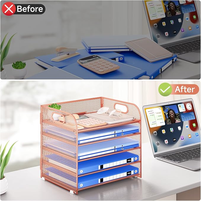 Paper Organizer Letter Tray with Handle Mesh 5 Trays | Desk File Organizer Paper Sorter Desk Organizer for Office, Home or School-Rose Gold - Image 5