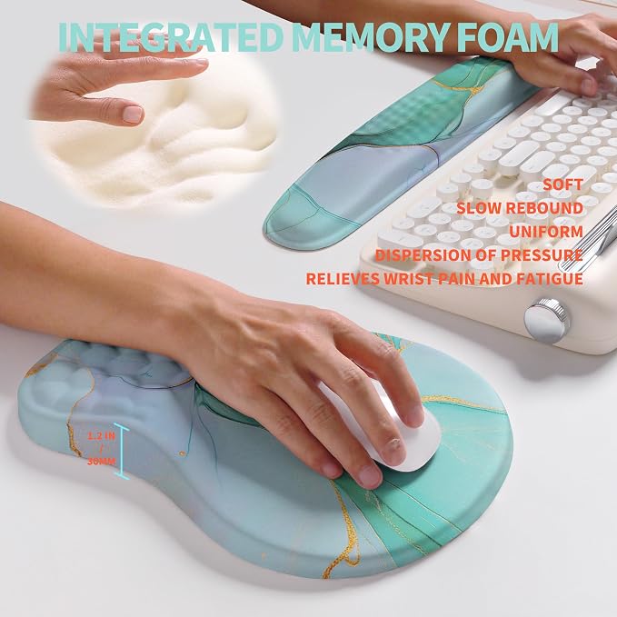 2-in-1 Ergonomic Set, Wave Rise Keyboard Wrist Rest and Massage Bulge Slope Mouse Pad Wrist Support, Cushion Memory Foam Integrated to Relieve Wrist Pain, Blue Gold Marble - Image 4