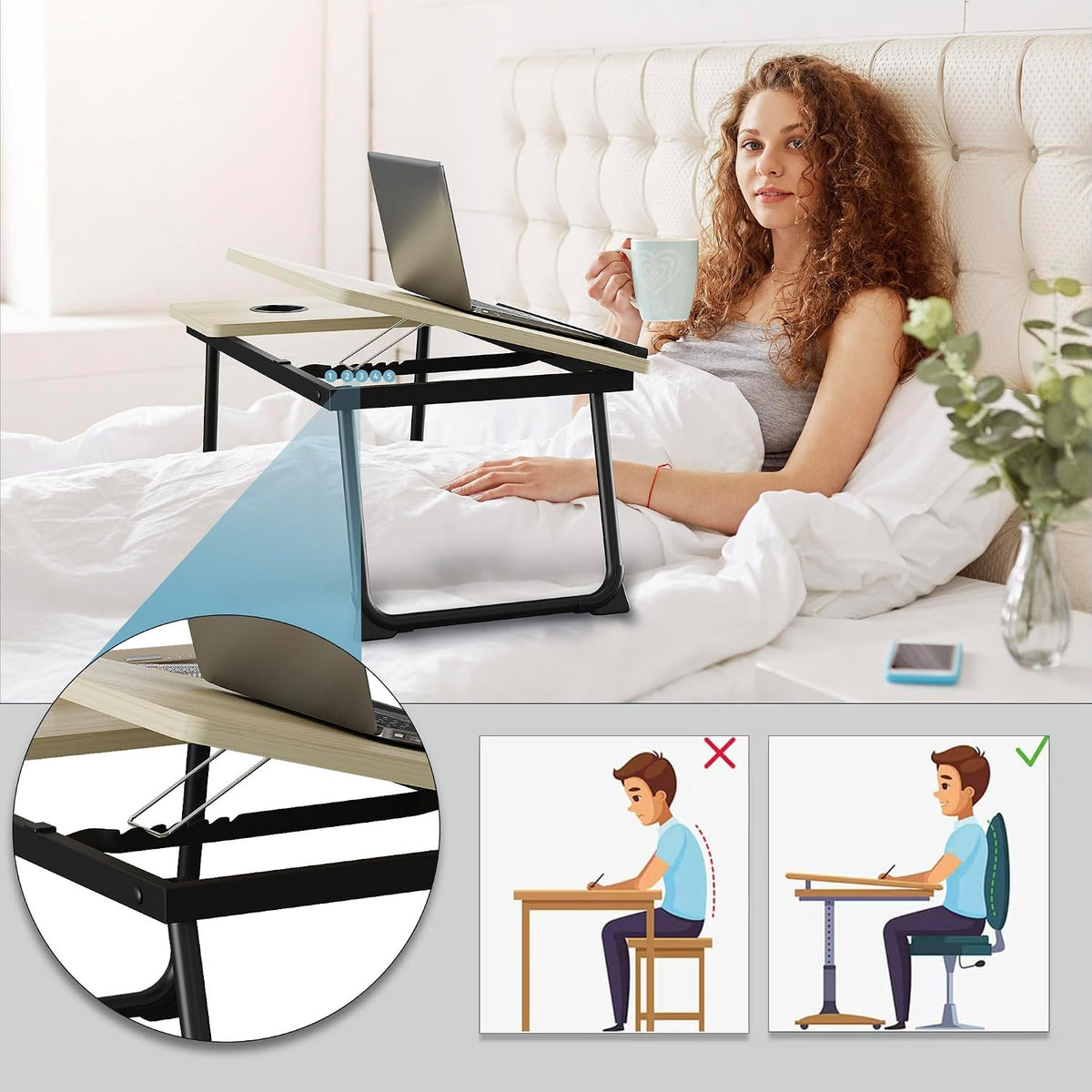 Adjustable & Portable Lap Desk for Laptop - Folding Bed Tray for Eating, Writing, Couch, and Breakfast in Bed. Ideal Laptop Stand and Small Computer Desk for Adults. (White Maple) - Image 4
