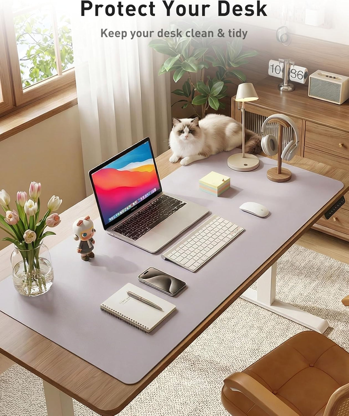 Aothia Faux Leather Desk Mat - Large Mouse Pad, Non-Slip PU Leather Blotter, Waterproof Writing Surface for Office and Home (Smoky Lavender, 63" x 17") - Image 3