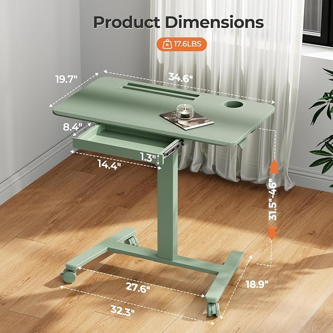 Mobile Standing Desk with Drawer, 35"×20" Small Laptop Desk | Portable Workstation with Cup Holder and Hooks, Height Adjustable Rolling Desk with Wheels, Teacher Classroom Use, Sage Green - Image 9
