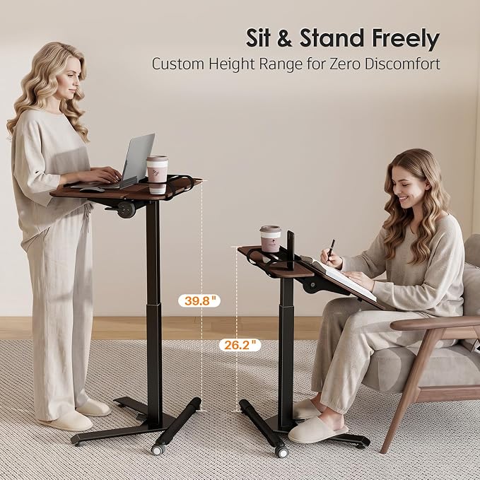 ROMOON Rolling Standing Desk with Wheels, Portable 24 inch Sit-Stand Laptop Cart with Tilt Top and Storage, Mobile Compact Workstation for Home Office and Small Spaces (Walnut) - Image 3