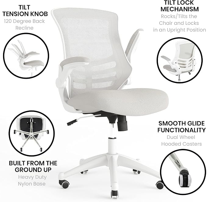Flash Furniture Mid-Back Light Gray Mesh Swivel Ergonomic Task Office Chair with White Frame and Flip-Up Arms | White Frame, Mid-Back, Flip-Up Arms, Mesh Back - Image 5
