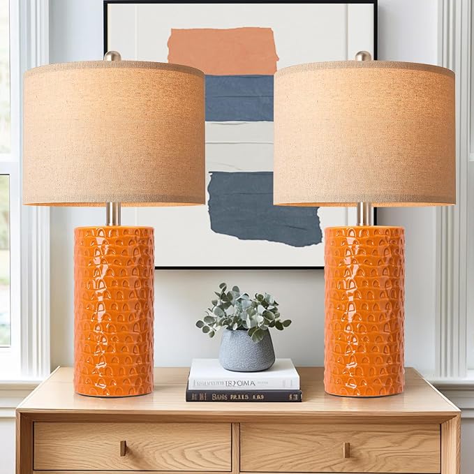 23" Modern Ceramic Table Lamp Set of 2, Table Lamps for Living Room, Rustic Farmhouse Bedside Lamps Nightstand lamp for Bedroom, Desk Lamp for End Table Home Decor Orange - Image 8
