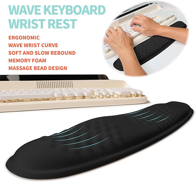 2-in-1 Ergonomic Set, Wave Rise Keyboard Wrist Rest and Massage Bulge Slope Mouse Pad Wrist Support, Cushion Memory Foam Integrated to Relieve Wrist Pain, Black - Image 2
