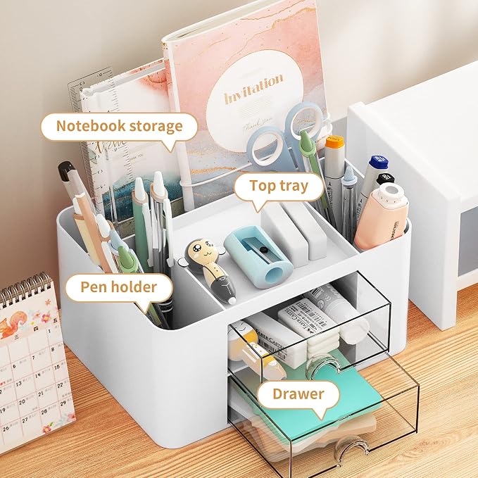 Marbrasse Pen Organizer with 2 Drawer, Multi-Functional Pencil Holder for Desk, Desk Organizers and Accessories with 5 Compartments + Drawer for Office Art Supplies (White) - Image 2