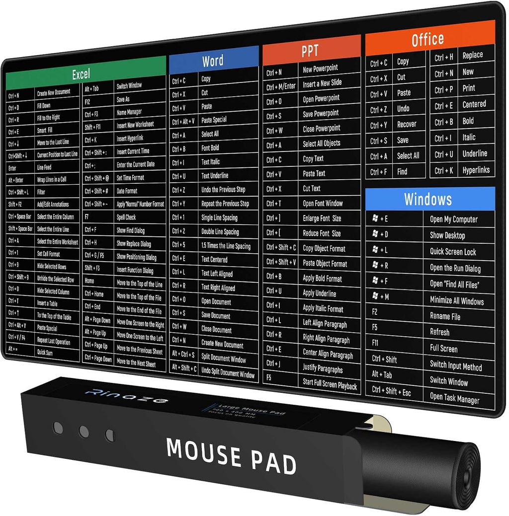 Large Mouse Pad Desk Mat with Excel Shortcuts Cheat Sheet, Anti-Slip Keyboard Pad with Multifunctional, Gaming Mousepad, Office Desk Accessories for Computer, MacBook, PC and Laptop by Rinaze