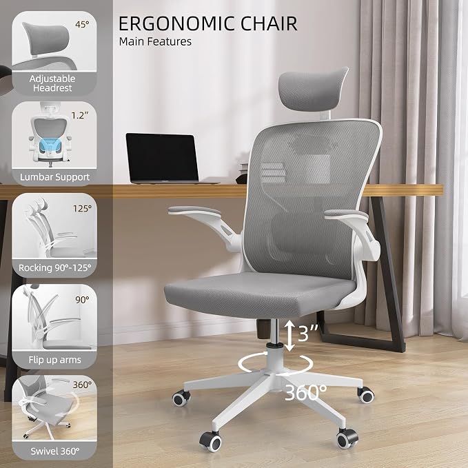 Ergonomic Office Desk Chair High Back Mesh Computer Chair Adjustable Chair | 360° Swivel Adjustable Lumbar Support & Flip-Up Armrests capacity 300 lbs capacity - Image 6