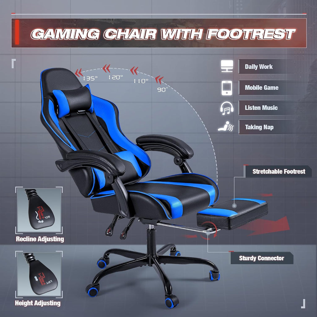 Furmax Gaming Chair, Video Game Chair with Footrest and Massage Lumbar Support, Swivel Seat Height Adjustable Computer Chair with Headrest, Racing E-Sport Gamer Chair (Blue) - Image 5