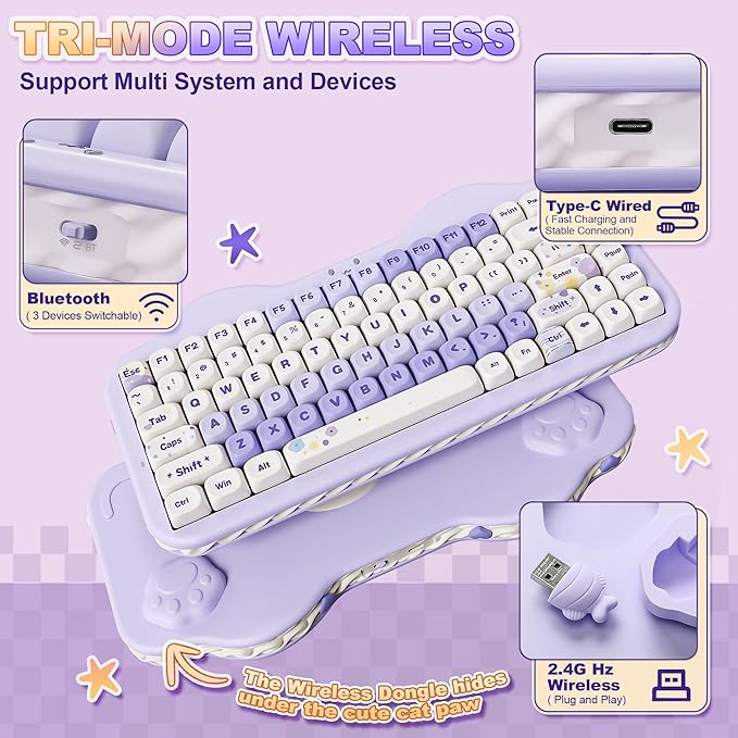 YUNZII C75 Cute 75% Wireless Mechanical Keyboard (Purple, Milk V2 Switch) | Creamy Cake Keyboard, BT5.0/2.4G/USB-C, Hot-Swap, NKRO, PBT MOA Keycaps,5500mAh RGB Gasket Mount for Mac/Win/Gaming/Office - Image 3