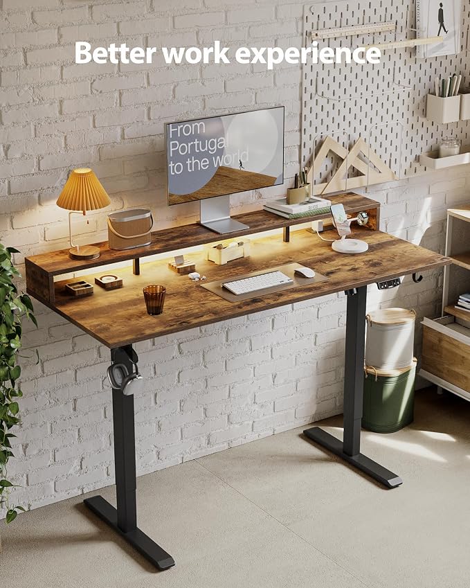 Agilestic 55*24 Inch Electric Standing Desk with Shelf & Led, Rustic Brown | Electric Height Adjustable, Outlets&Led, Monitor Stand, Sturdy Steel Frame, Memory Presets, Hooks, 154 lbs, Splice Board - Image 4