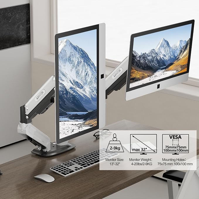 Dual Monitor Arm for 13-32" Screens | Regular Screen up to 32 inch, 20lbs, VESA 75x75mm or 100x100mm, Easy Mount in 2 Way, Desk Mount - Image 2