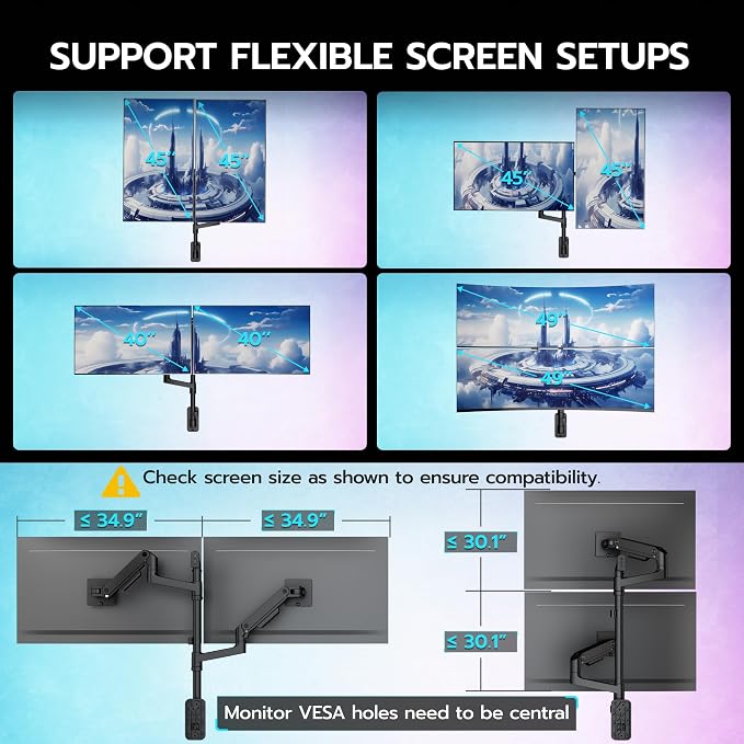 ARES WING Dual Monitor Wall Mount for 17-49 Inch Ultrawide Screens, Black | Heavy Duty Wall Mount Monitor Arm Holds 44 lbs Each, Fully Adjustable Gas Spring Monitor Arm, 75x75/100x100 VESA Mount - Image 4