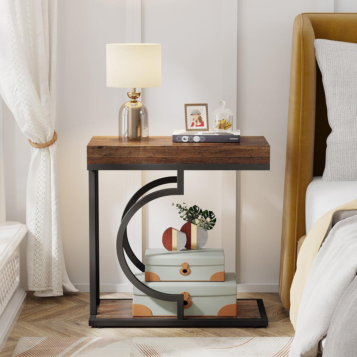 Tribesigns Side Table Set of 2 Narrow Side Table Brown Black C Shaped End Table Modern Bedside Tables for Couch, Small Sofa Tables with Metal Frame for Living Room (2, Rustic Brown+Black) - Image 6