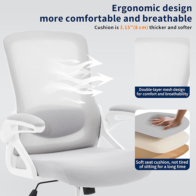 Ergonomic Office Chair Desk Chair with Adjustable Lumbar Support | Mesh Computer Chair Home Office Desk Chair with Flip-up Armrests Executive Task Chair Comfy Mesh Gaming Chair(Gray) - Image 6