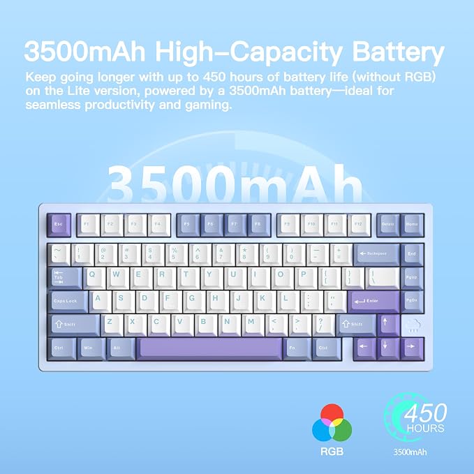 KEEBMONKEY WOBKEY Rainy 75 CNC Aluminum HMX/JWK/Cocoa Switches Triple-Mode Connectivity Mechanical Keyboard with Superior Acoustics, RGB/PP/Gradient Glass/3500mAh/Violet Switch (Standard - Blue) - Image 3