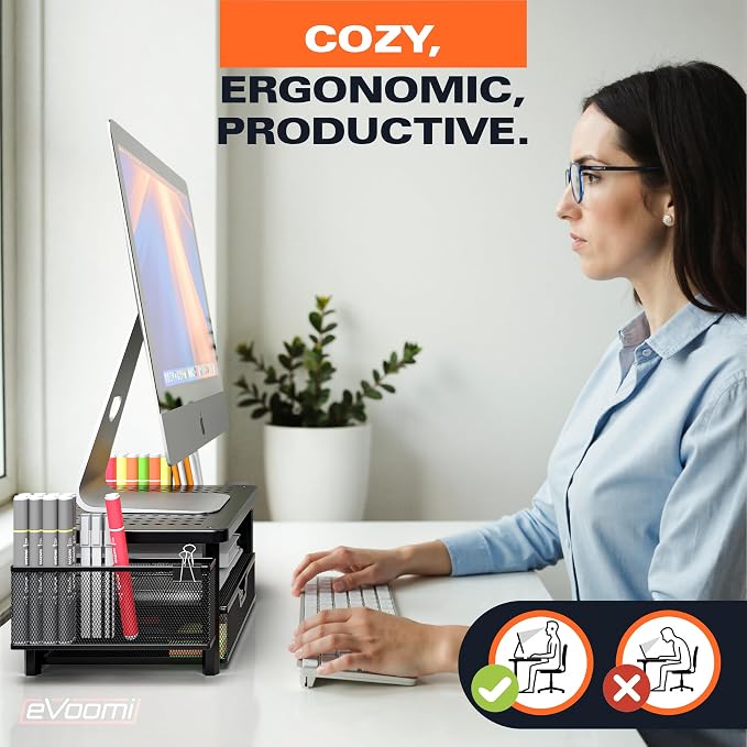 eVoomi FlowMax Ergonomic Desk organizer Computer Monitor Stand -Improved XL Desk Drawer, File Paper Pencil Holders - Pro Posture Eye-Level Tension Relief - Anti-Slip Home Office Supplies Storage Stand for Laptop Monitor or Printer - Image 5