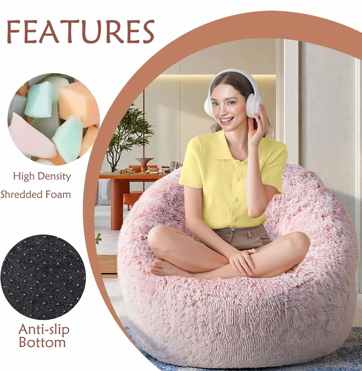 Plush Faux Fur Bean Bag Chairs, Memory Foam Filled Sofa Chair Shape Bean Bag for Adults/Teens/Kids, Ultra-Soft Lazy Sofa for Living Room Bedroom College Dorm, Pink - Image 6