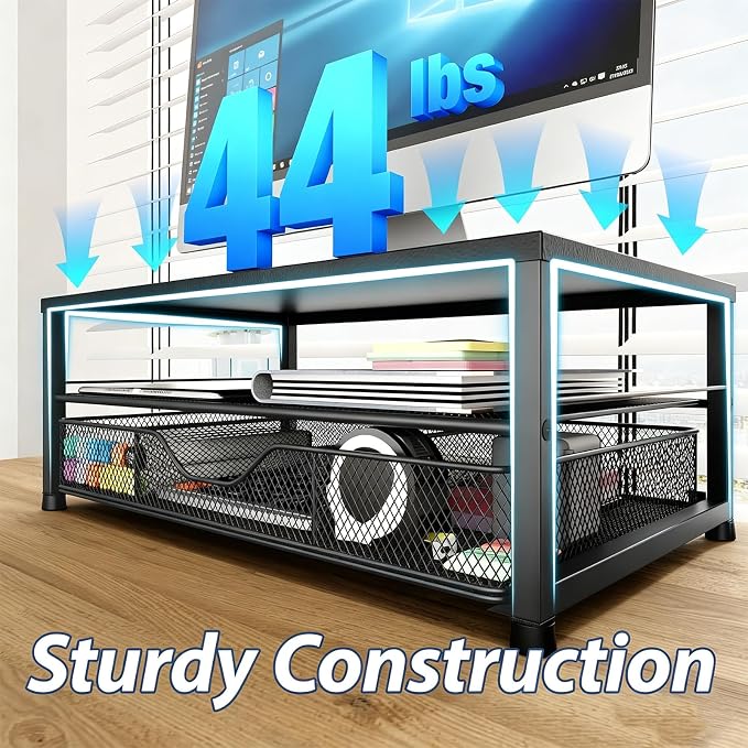 Desk Organizer and Accessories, 2-Tier Computer Monitor Stand Riser with Drawer and 2 Pen Holders, Laptop Stand, Office Desk Accessories for Office Supplies, Black - Image 5