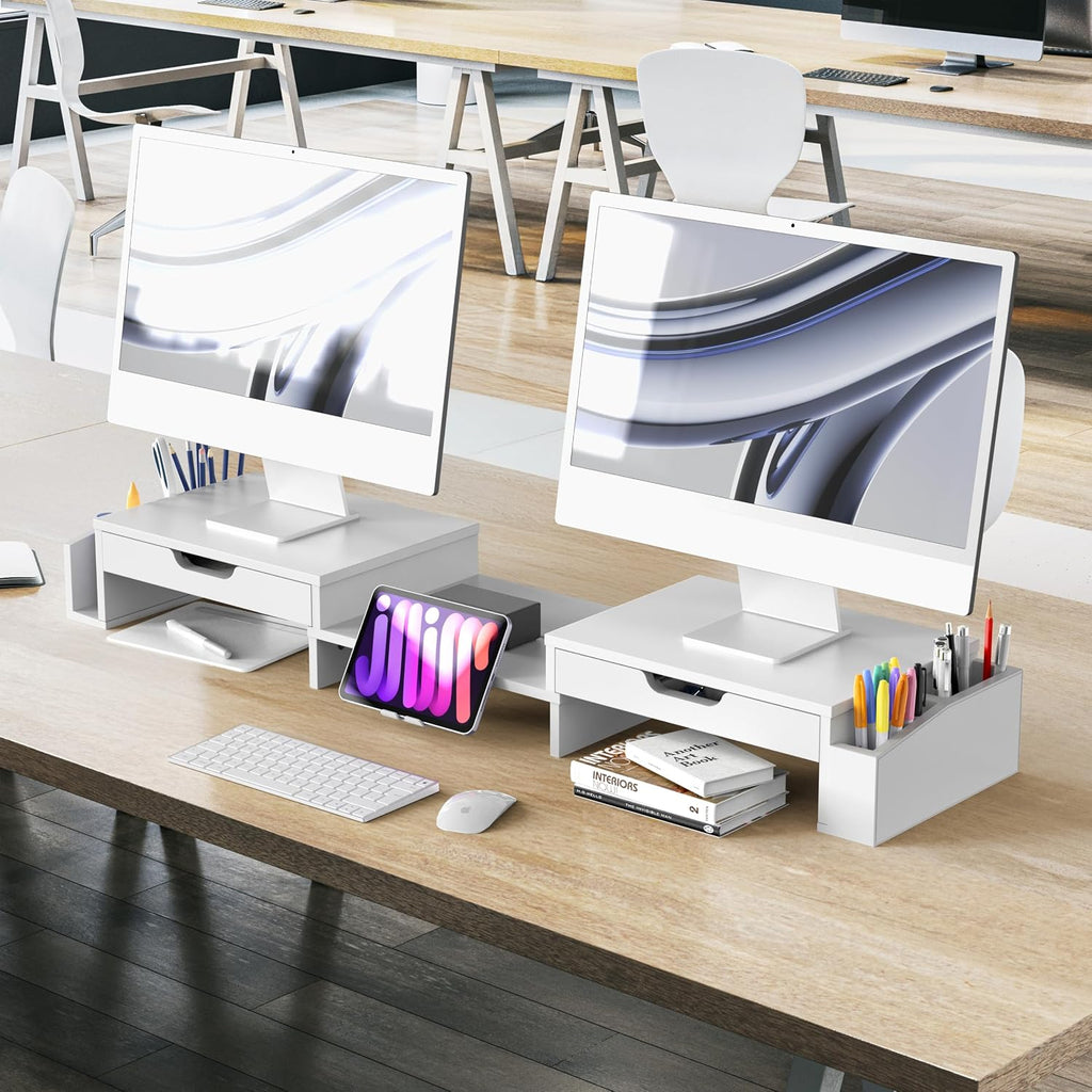 Simple Houseware Desk Dual Monitor Stand Riser with 2 Drawers, White - Image 7