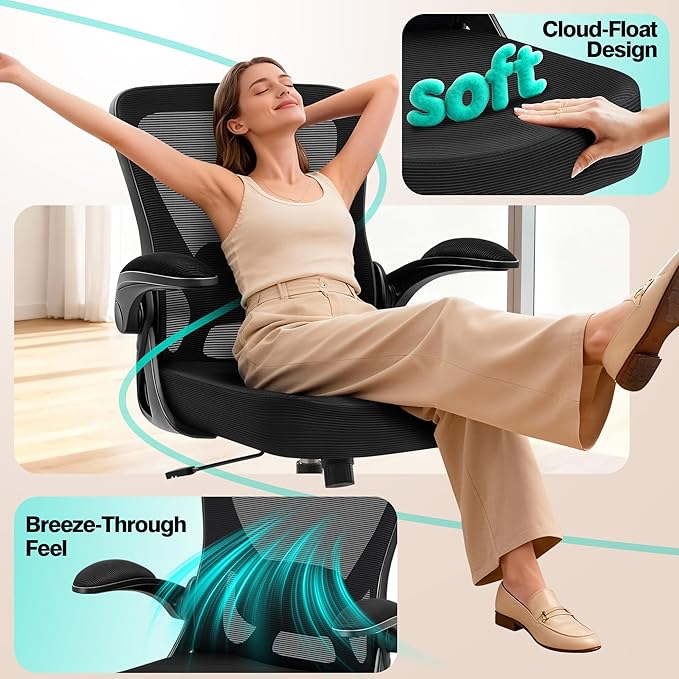 Office Chair - Ergonomic Breathable Mesh Desk Chair with Adjustable Lumbar Support and Flip-up Armrests - Executive High Back Rolling Swivel Comfortable Computer Gaming Chair for Home Office - Image 6