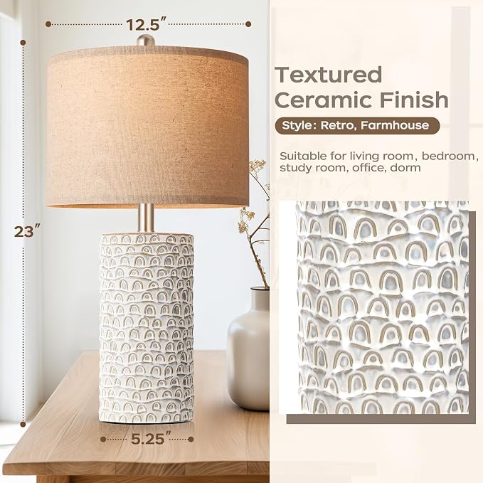 23" Modern Ceramic Table Lamp Set of 2, Table Lamps for Living Room, Rustic Farmhouse Bedside Lamps Nightstand lamp for Bedroom, Desk Lamp for End Table Home Decor Grey Shabby Chic White - Image 3