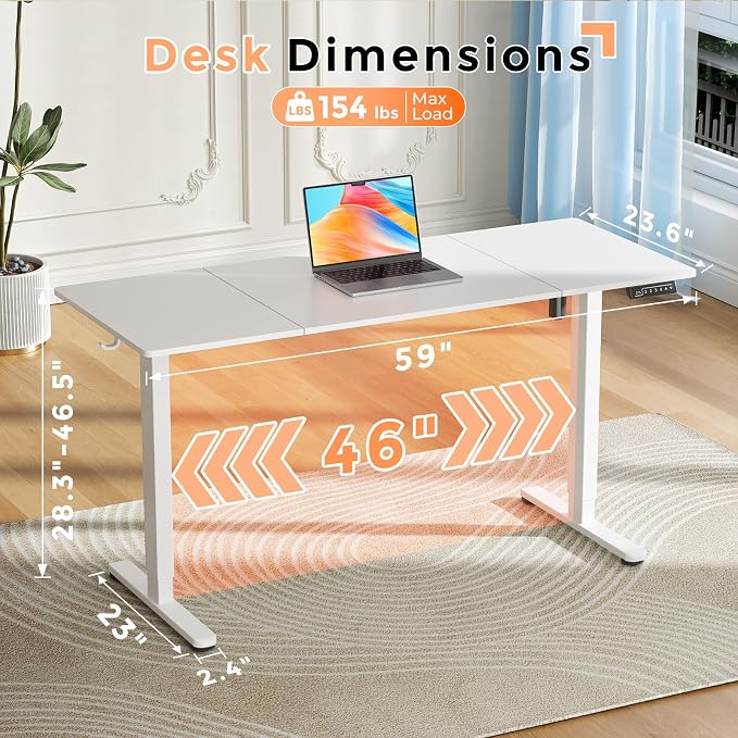 59"×24" Large Electric Standing Desk, Sit Stand Desk, White | 3 Memory Preset Height Adjustable Desk with 2 Hooks for Home Office & Gaming, Heavy Duty Computer Desk with Spliced Tabletop - Image 2