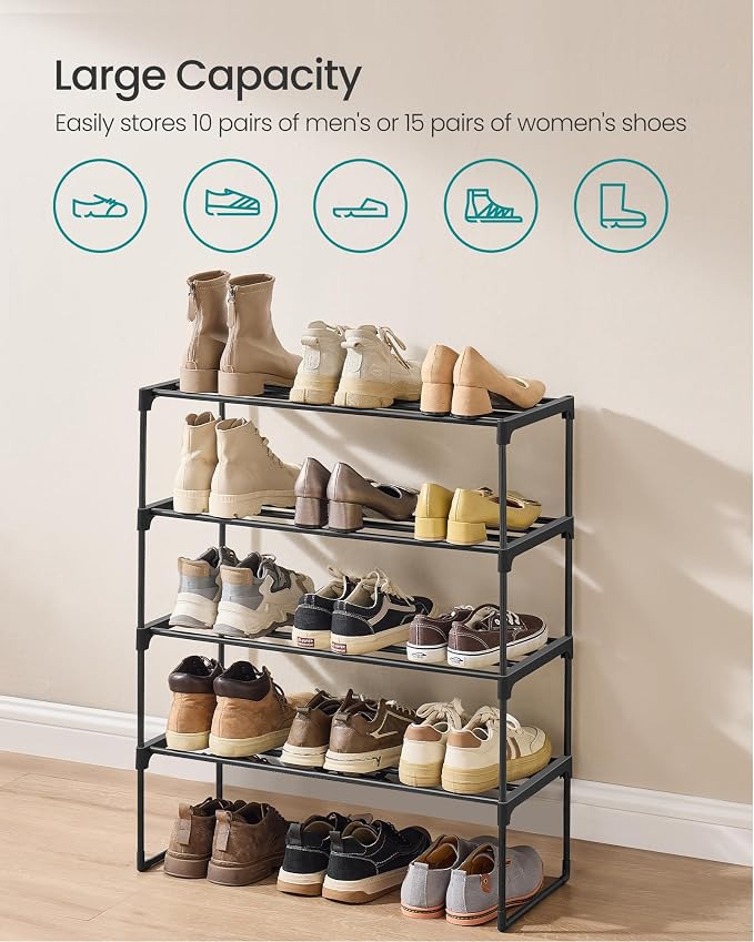 SONGMICS Shoe Rack, 4-Tier Shoe Organizer, Metal Storage Shelf | for Entryway, Upright or Upside Down, for 10-15 Pairs, Stackable, 11.8 x 26.8 x 28.9 Inches, Black ULSA204B01 - Image 6